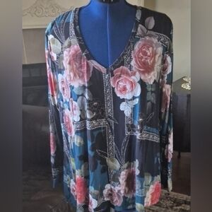Johnny Was "The Janie" Feminine  Floral V-Neck Top Sz.2XL. (#1543A)